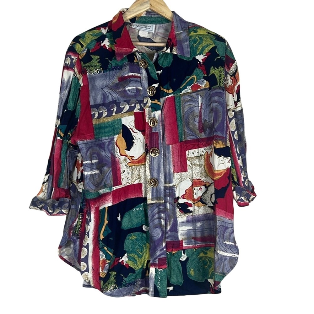 Vintage S.L. Fashions Art Print Button Up Blouse Abstract Multicolor Size 16